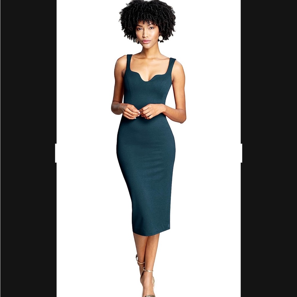Dress the Population Women's Sloane Rounded V Neck Bodycon Midi Dress in Pine